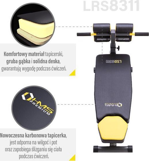 Treningsbenk Justerbar sett ovenfra med sort og gul karbonmønstret polstring, håndtak og benstøtte foran.