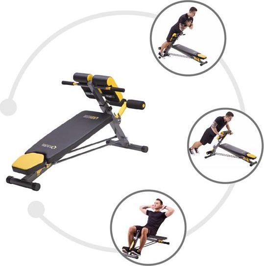 Multifunksjonell Treningsbenk i svart og gult med polstrede puter, justerbart stativ og tre øvelsesillustrasjoner.