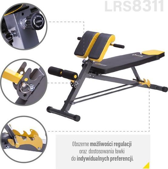 Treningsbenk Justerbar med svart og gul polstring, detaljerte knotter og håndtak for vinkel- og høydejustering vises.