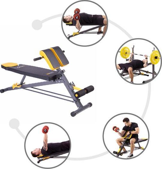 Multifunksjonell Treningsbenk i sort og gult metall, sett fra siden, med fire illustrasjoner av treningsøvelser.