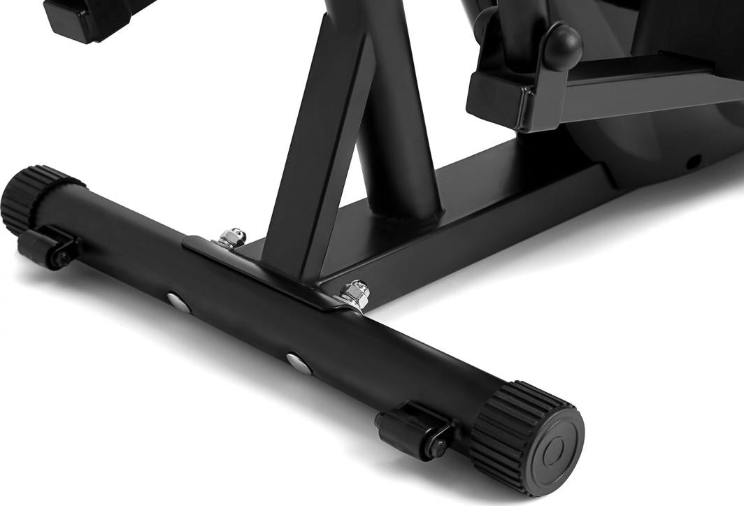 Orbitrek svart metallramme med justerbare knotter, bein og bunnramme sett fra siden, solide bolter og endestykker.