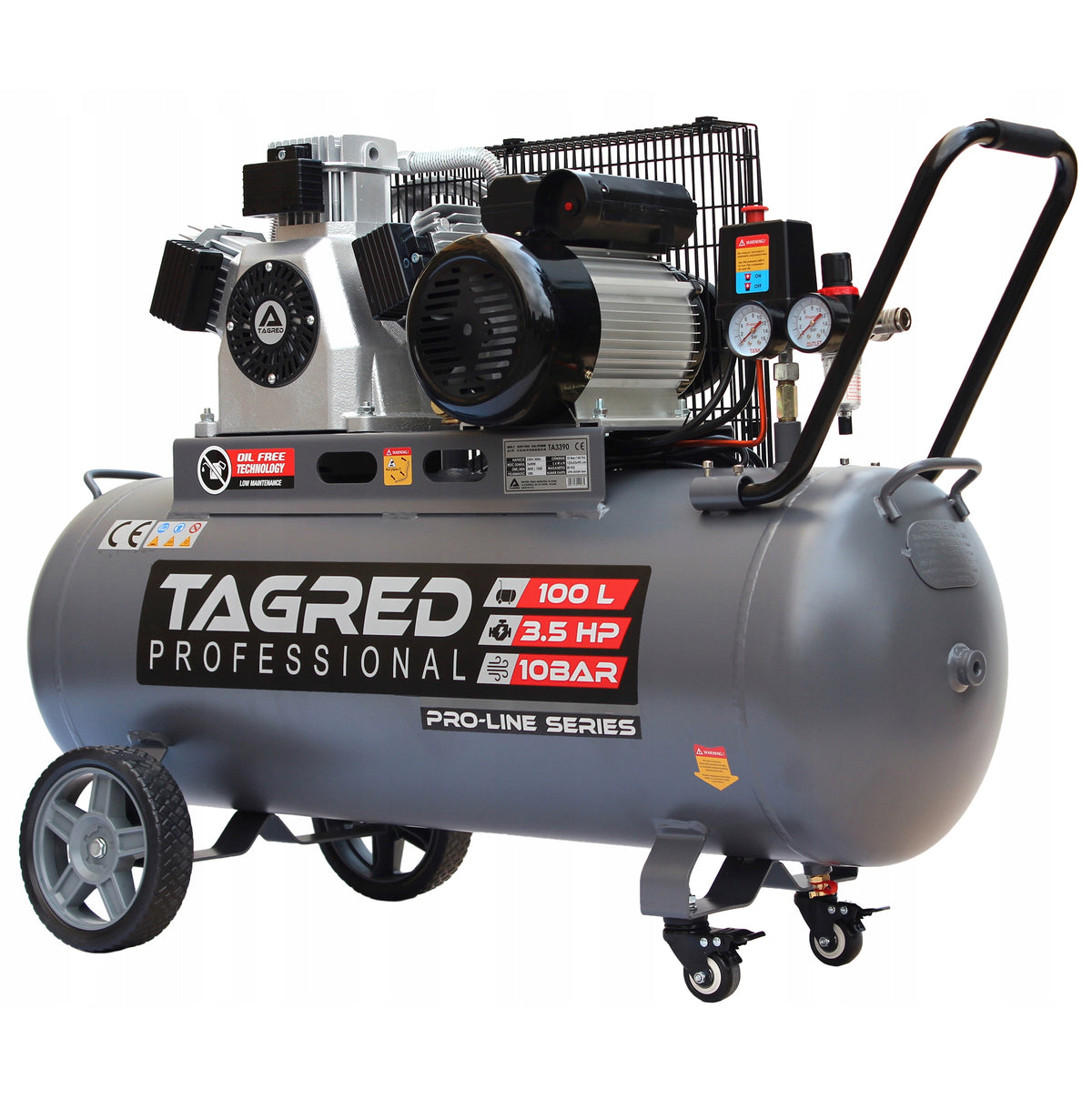 Kompressor Tagred TA3390 oljefri stempelkompressor med 100-liters tank sett forfra