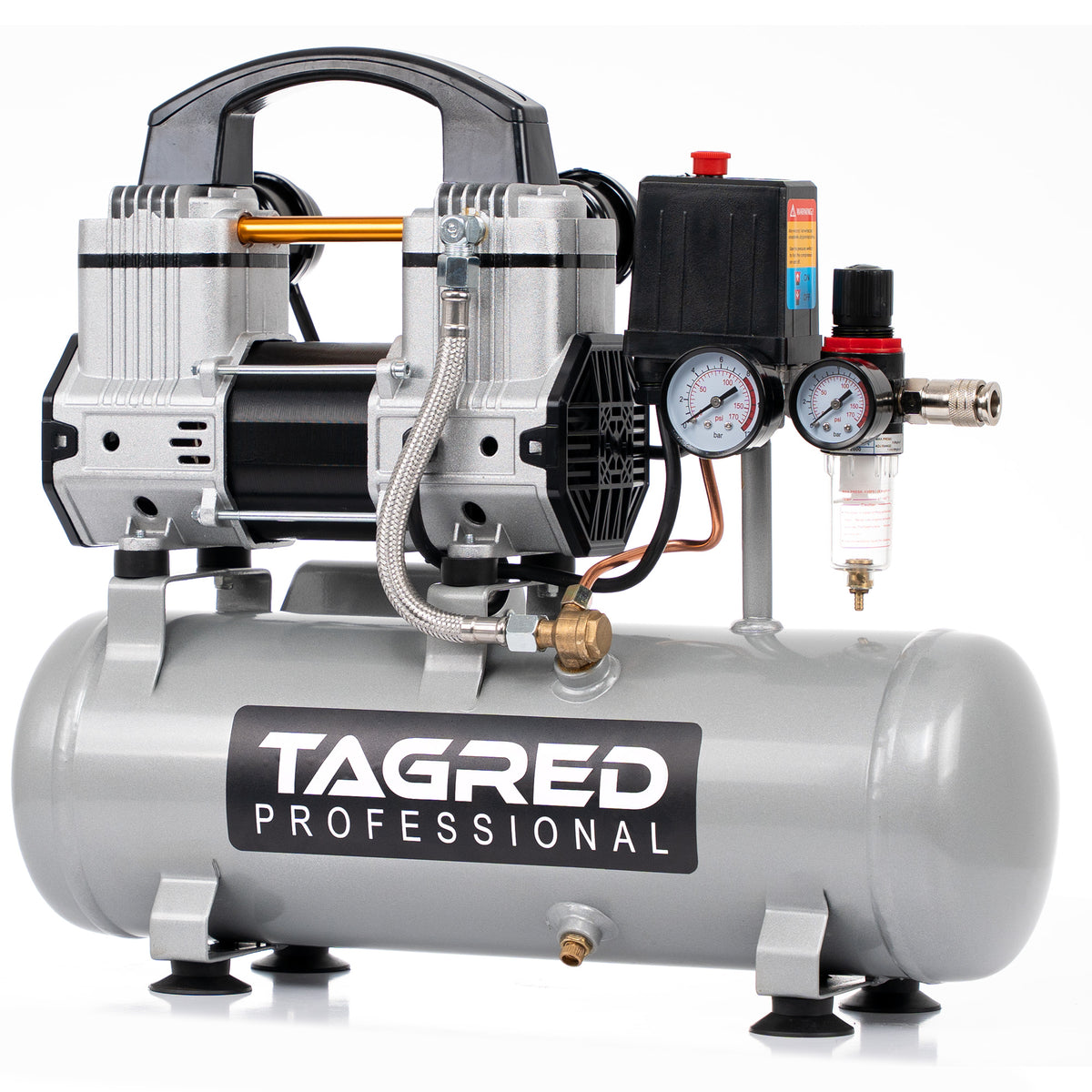 Kompressor Tagred TA327 sett forfra med trykkregulator og manometer