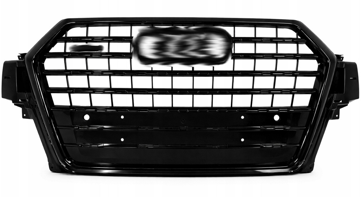 Frontgrill Audi Q7 4M S-Line 15-19 i blank sort Shadow Line, sett rett forfra på hvit bakgrunn.
