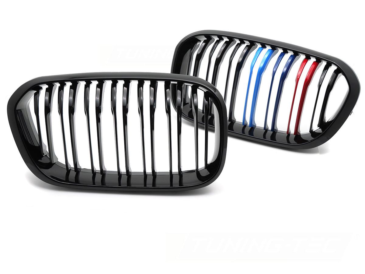 Sportsgrill glossy svart med tri-colour dobbel liste til BMW 1-serie F20/F21 LCI 2015-2018 – frontvisning