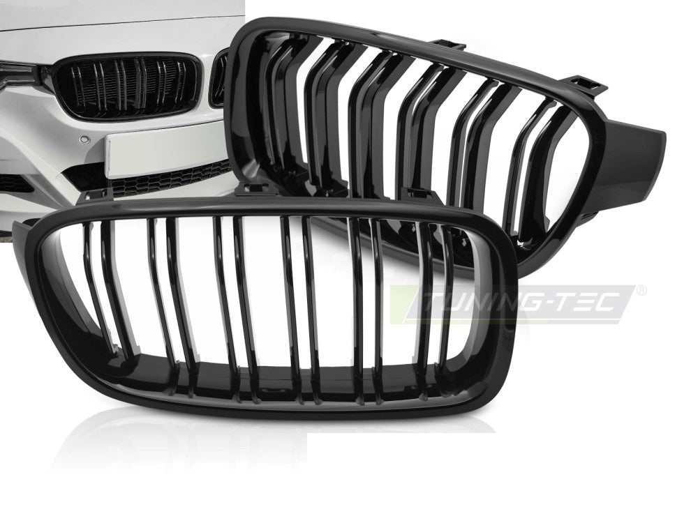Grill BMW 3 Serie F30 F31 11-18 Sport Double Bar blank svart fra Tuning-Tec, sett fra skrå vinkel