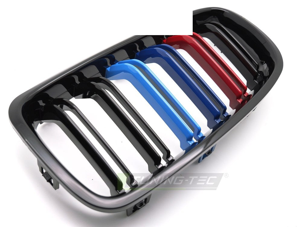Tri-colour double bar grill til BMW 3 Serie F30 F31 11-18 i blank svart