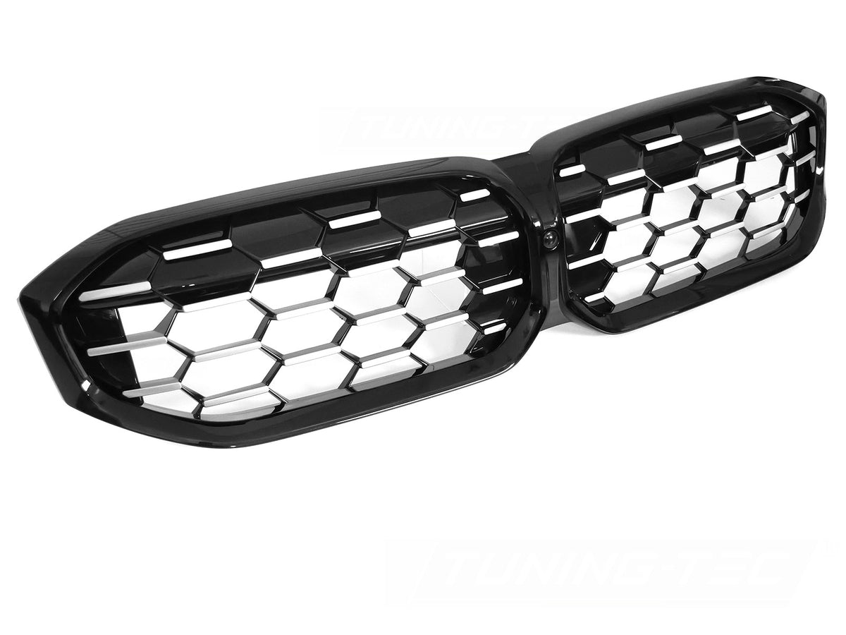 Frontgrill diamantmønster sølv og svart montert på BMW 3-serie G20 LCI