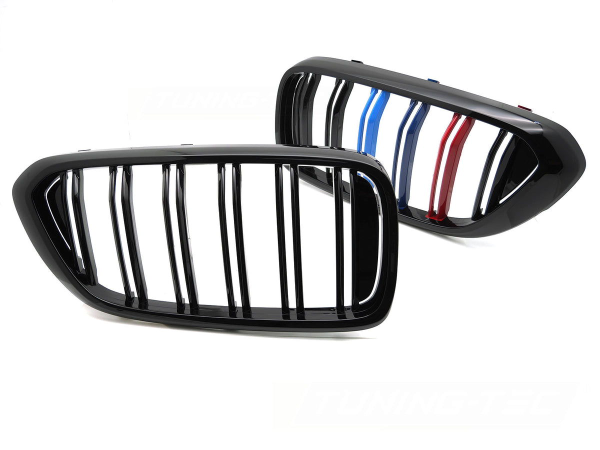 Sport-grill BMW 6-Serie G32 glossy svart med tri-color M-striper double bar sett forfra