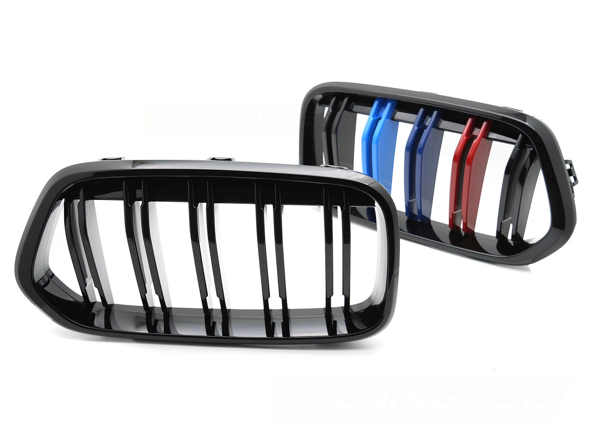 Sport grill BMW X2 F39 glossy svart med tri-color M-striper sett forfra