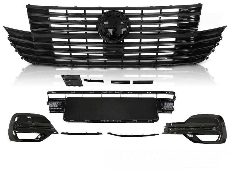 Grill glossy svart til Volkswagen T6.1 2020– med støtfangerelement og logofeste sett forfra