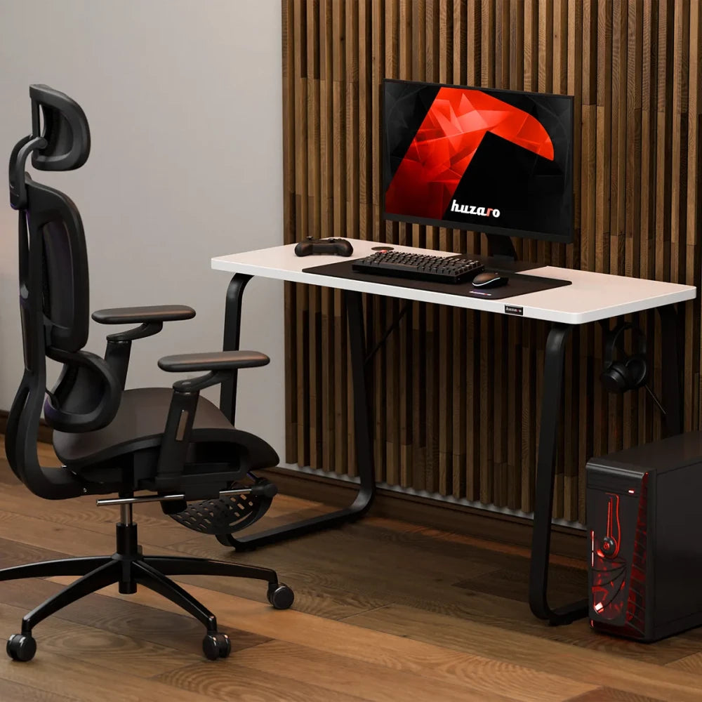 Sidevisning av Huzaro Hero 1.5 hvitt gamingbord – rettlinjet profil