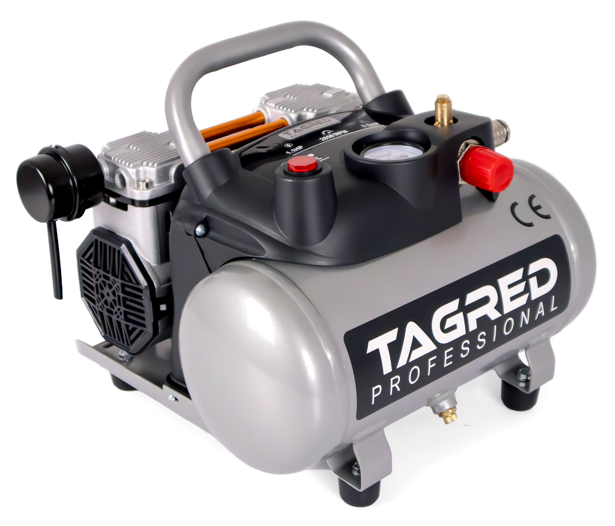 Kompressor Tagred TA380 sett fra siden med trykkregulator og manometer