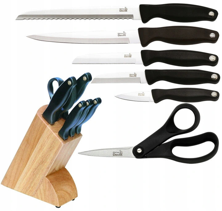 Komplett sett med 5 kniver i knivblokk Kitchen Devils + saks