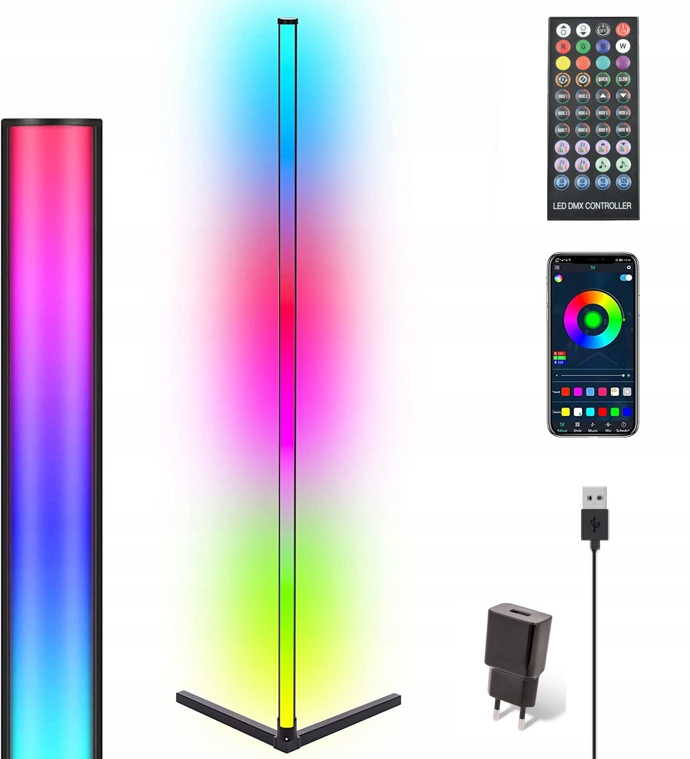 LED RGB-hjørnegulvlampe 150 cm med regnbueeffekt