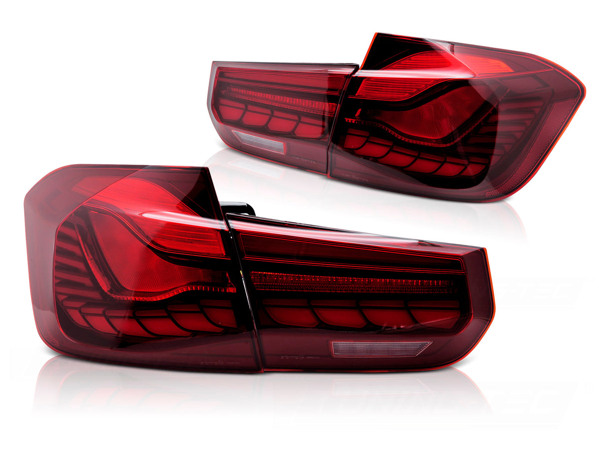 OLED baklykter BMW 3-Serie F30 sedan rød finish sett bakfra