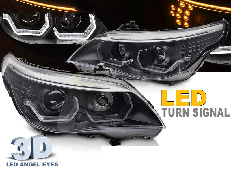 Frontlykter BMW 5-Serie E60 E61 03-10 Angel Eyes LED 3D svart fra Tuning-Tec