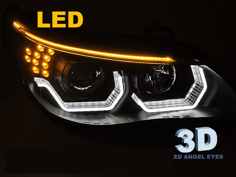 Svarte frontlykter med LED angel eyes til BMW E60 Sedan og E61 Touring
