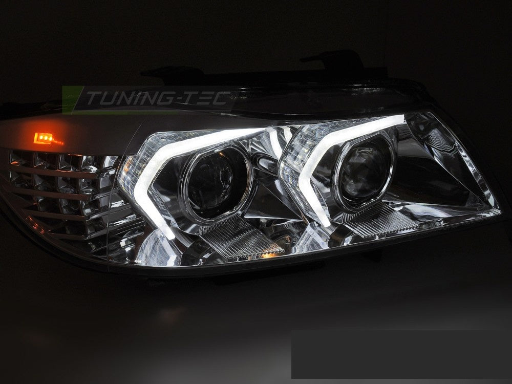LED xenon frontlykter i krom til BMW E90 E91 LCI montert forfra