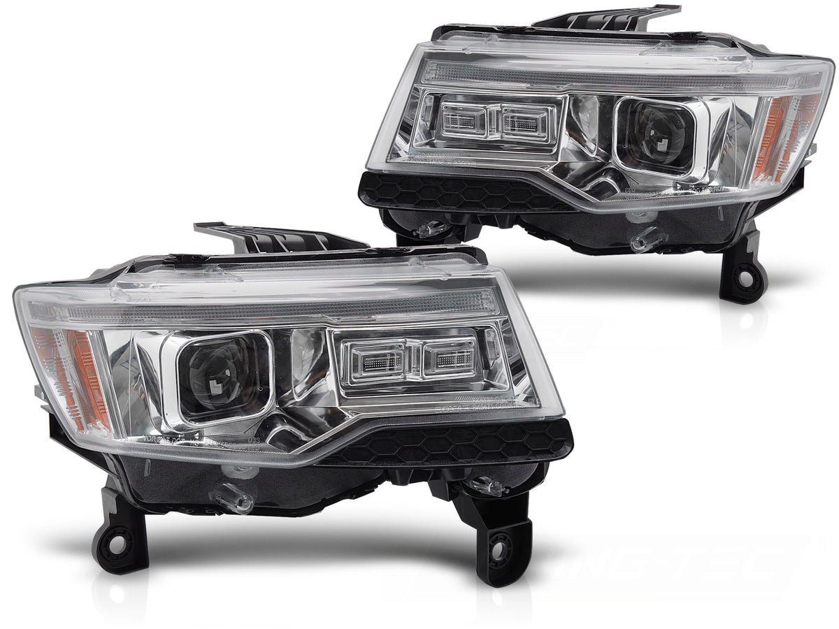 Frontlykter krom tube light Jeep Grand Cherokee WK2 2014–2021 med sekvensiell blinklys sett forfra