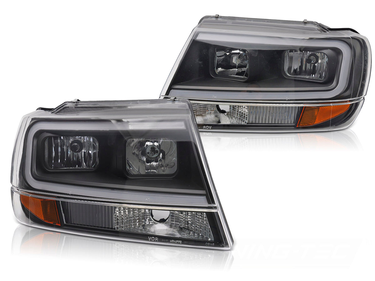 Frontlykter Jeep Grand Cherokee WJ Tube Light svart hus med LED-lysbar sett forfra