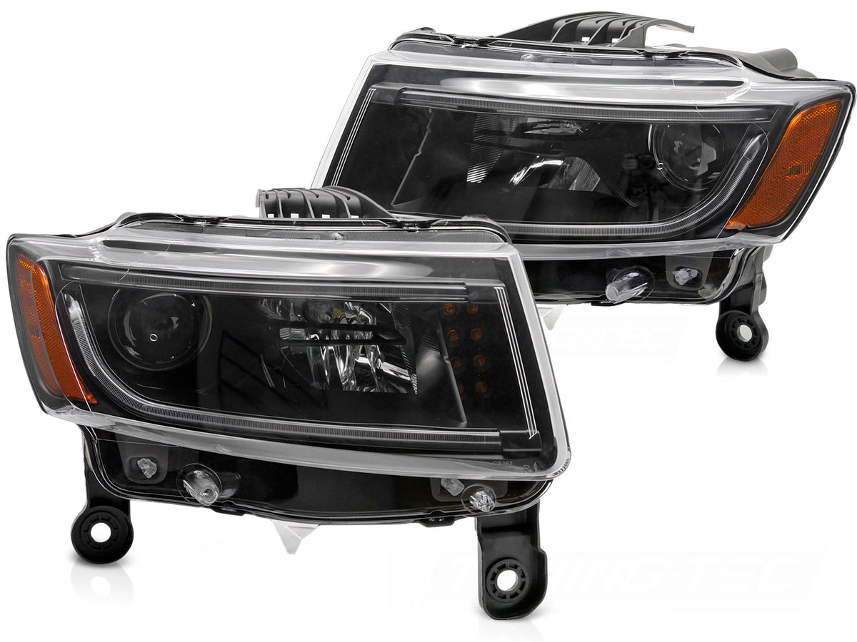 Frontlykter Jeep Grand Cherokee WK2 2014-2016 tube light svart hus sett forfra