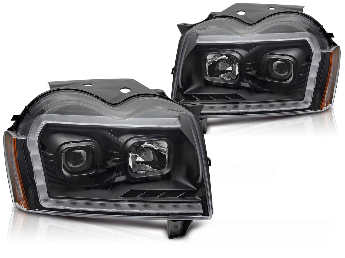 Frontlykter Tube Light Jeep Grand Cherokee WH svart hus sett forfra