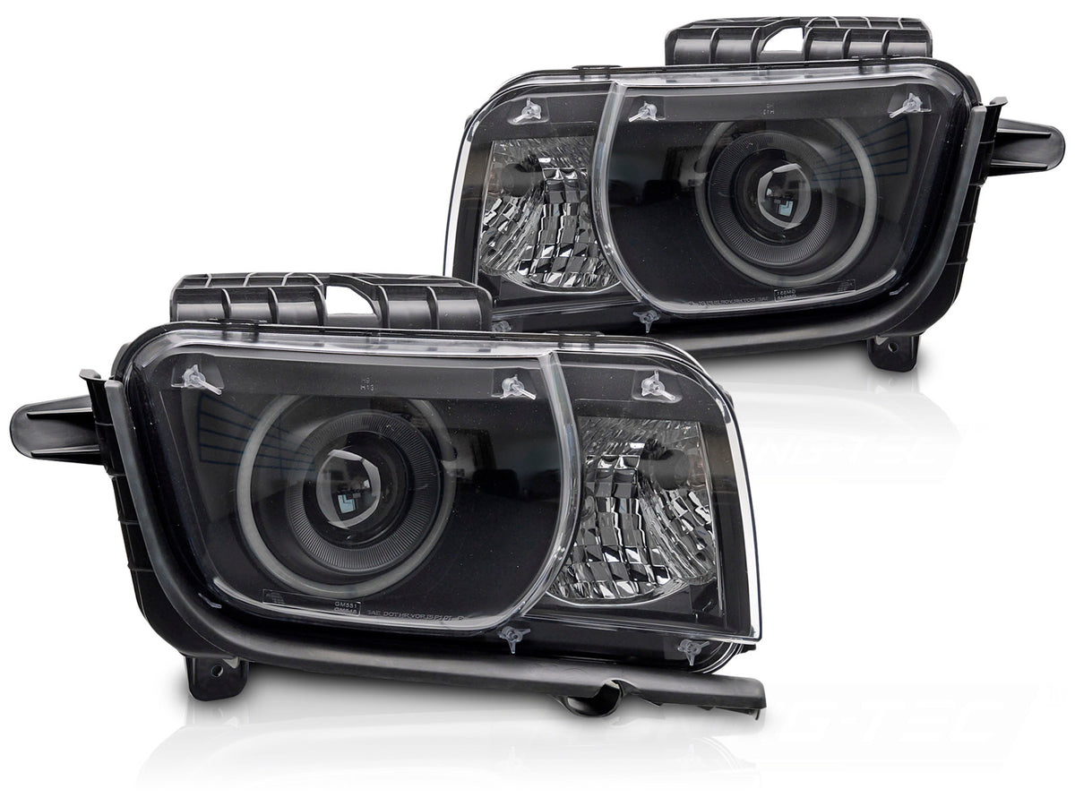 Frontlykter Angel Eyes Chevrolet Camaro 2009–2013 svart hus med lysringer sett forfra