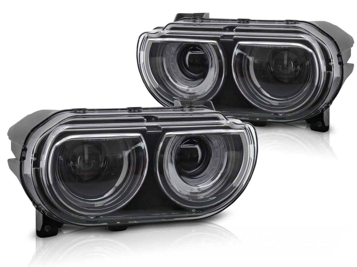 Svarte frontlykter med DRL til Dodge Challenger 2008–2014 sett forfra