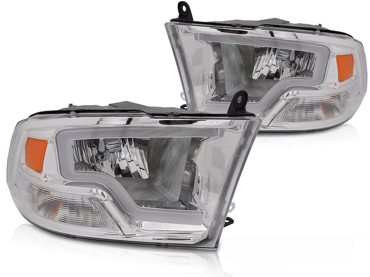 Frontlykter Dodge Ram 2009–2018 med LED tube light og krom reflektor sett forfra