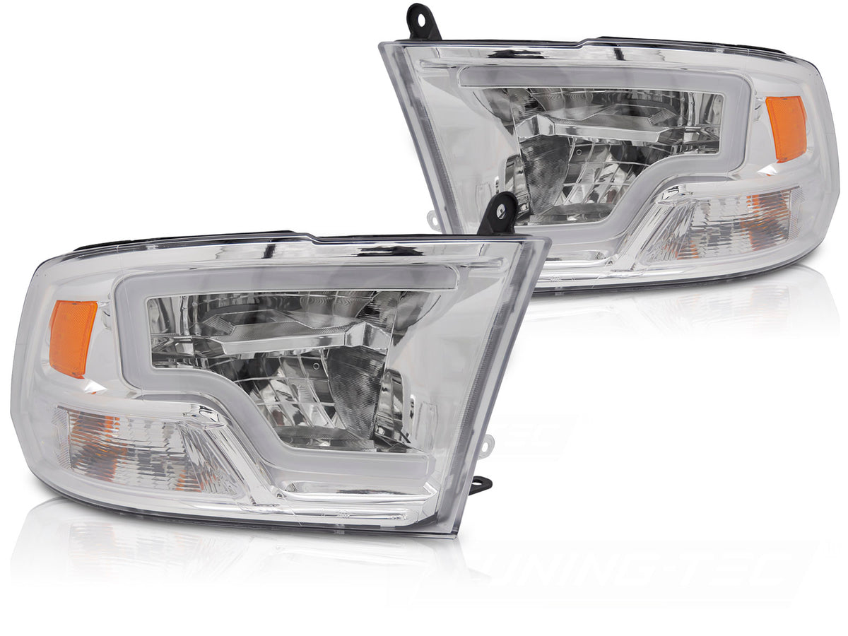 Frontlykter Dodge Ram 2009-2018 med LED tube light og kromhus sett forfra