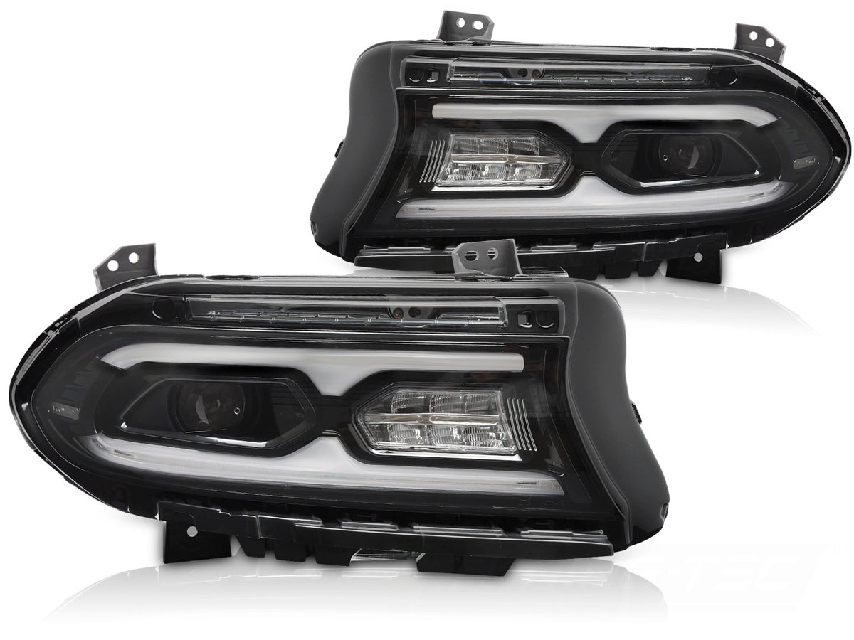 Full LED frontlykter Dodge Charger 2014–2023 svart hus sett forfra
