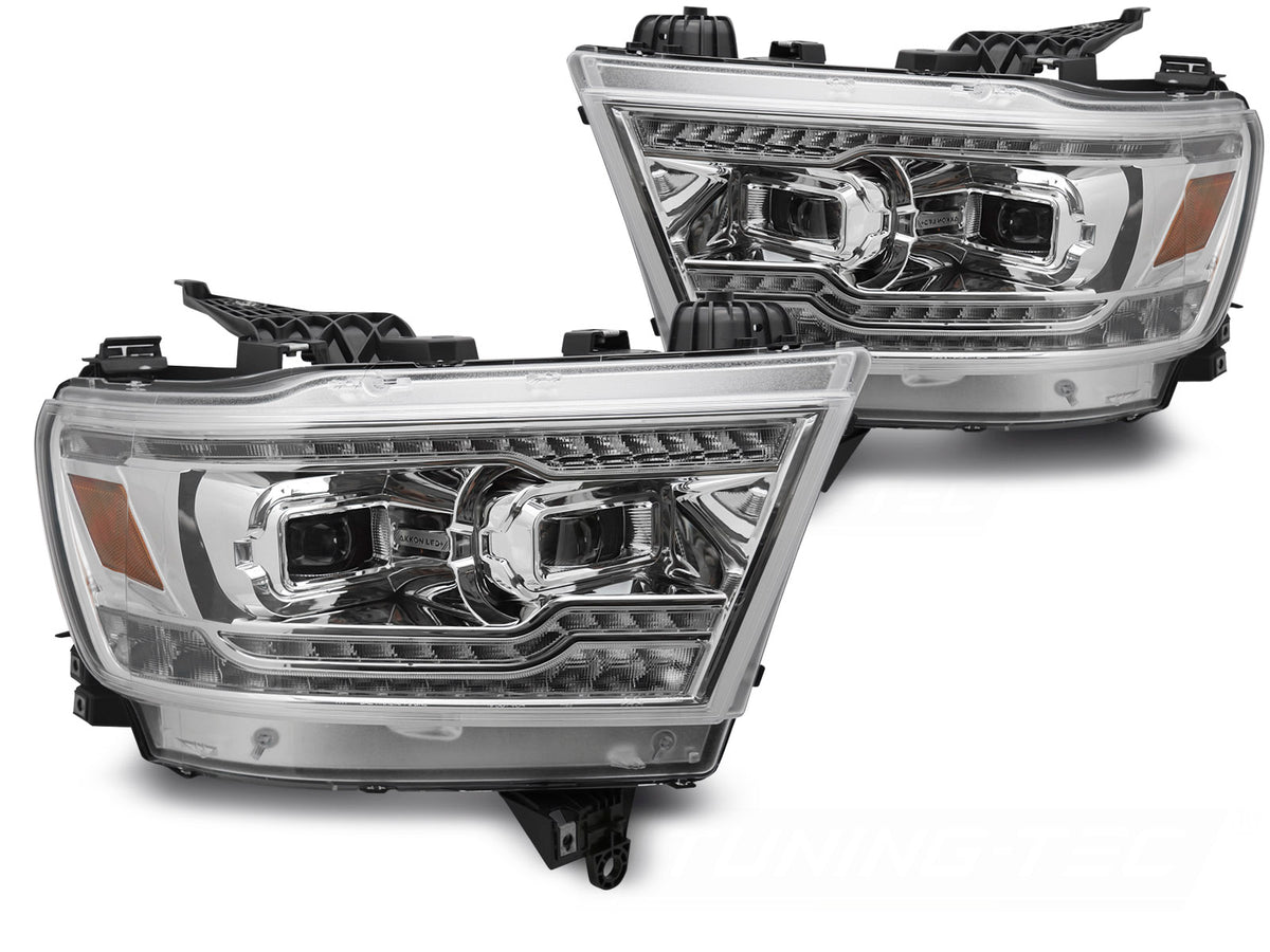 Frontlykter Dodge Ram 2019–2022 Full LED krom finish sett forfra
