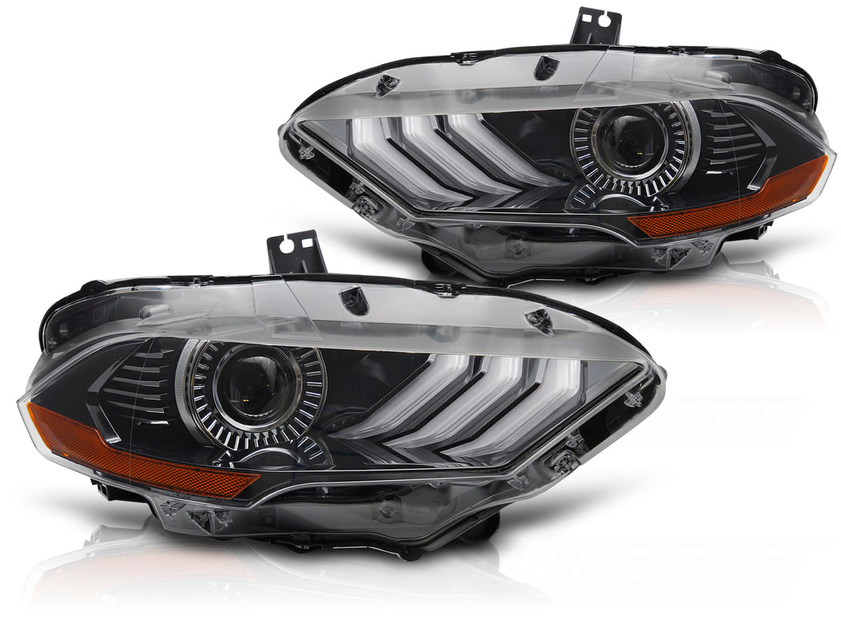 Frontlykter LED DRL svart til Ford Mustang 2018–2021 sett forfra