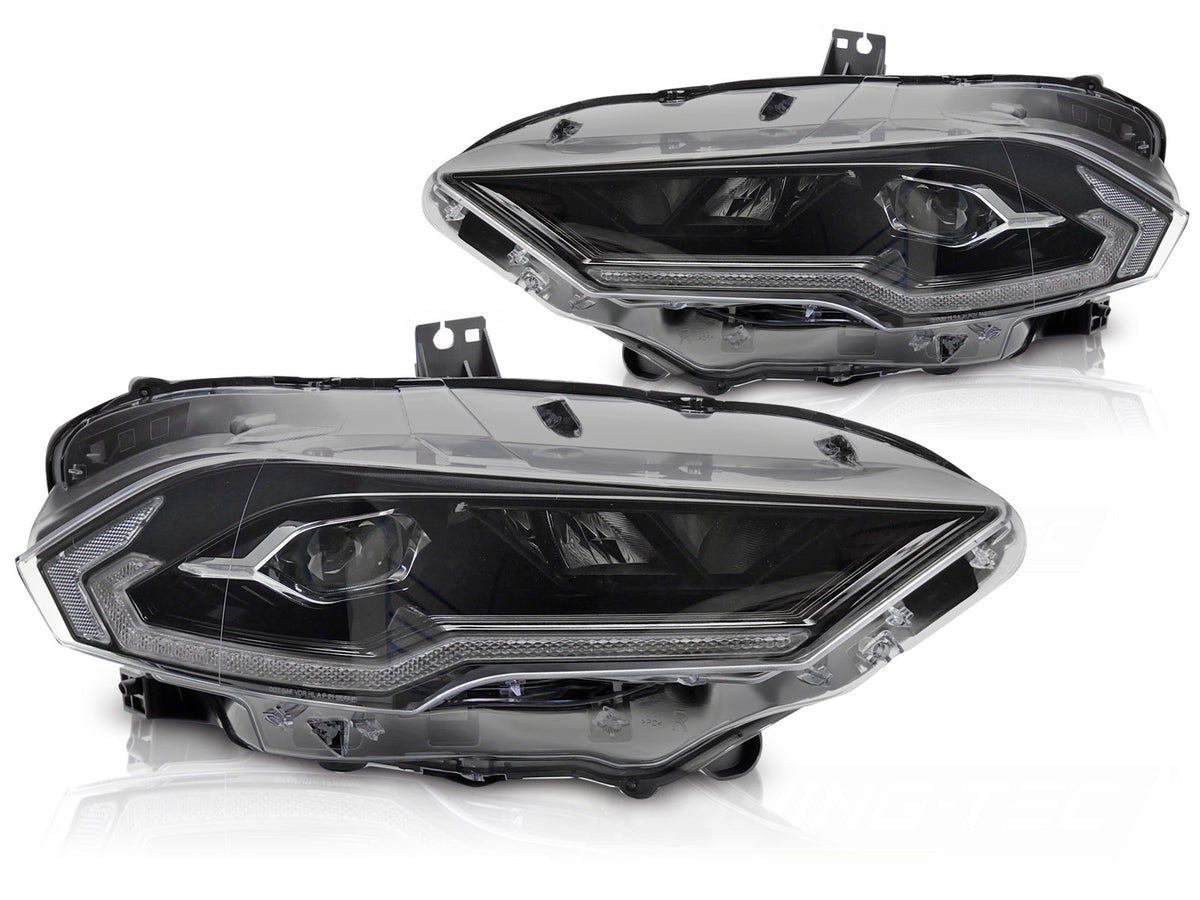 LED frontlykter Ford Mustang 2018–2021 med RGB DRL og svart hus sett forfra