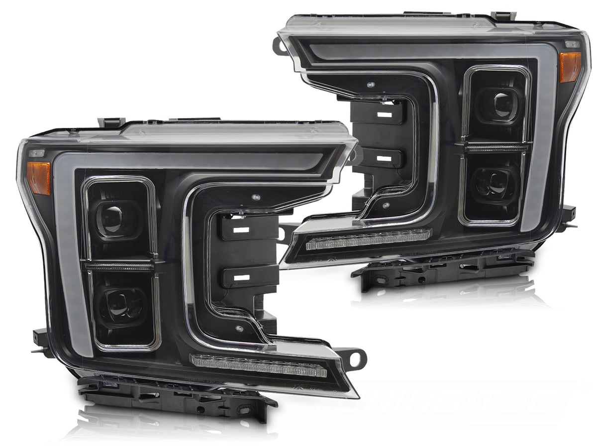 Frontlykter Ford F150 MK13 2017–2020 full LED svart hus sett forfra