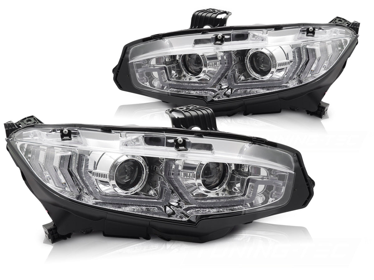 Frontlykter Honda Civic X 2016–2021 krom hus med DRL og sekvensiell blinklys sett forfra