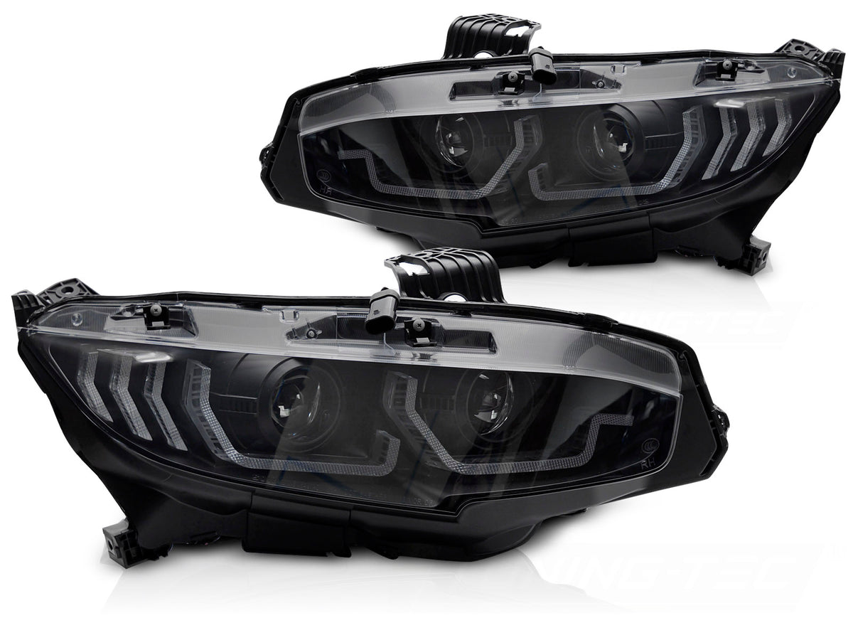 Svarte frontlykter med DRL og sekvensielt blinklys til Honda Civic X 2016–2021 sett forfra