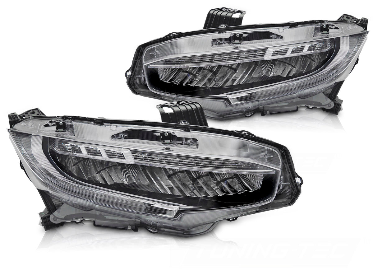 Full LED frontlykter Honda Civic X 2016–2021 svart hus sett forfra