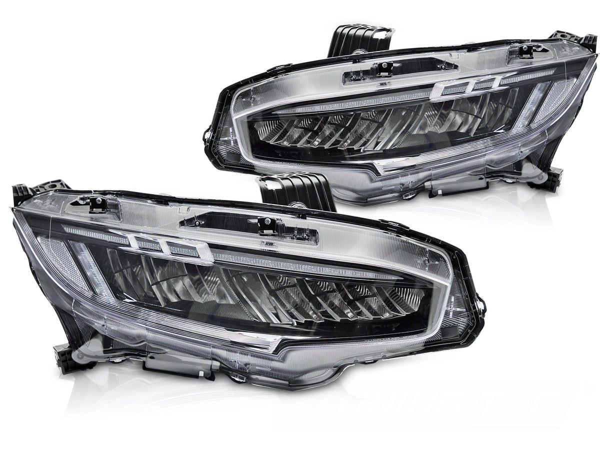 Frontlykter Honda Civic X 2016–2021 full LED svart hus sett forfra
