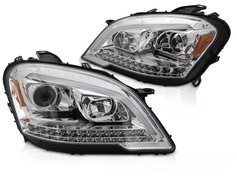 Frontlykter Mercedes M-Klasse W164 tube light krom med sekvensiell blinklys sett forfra