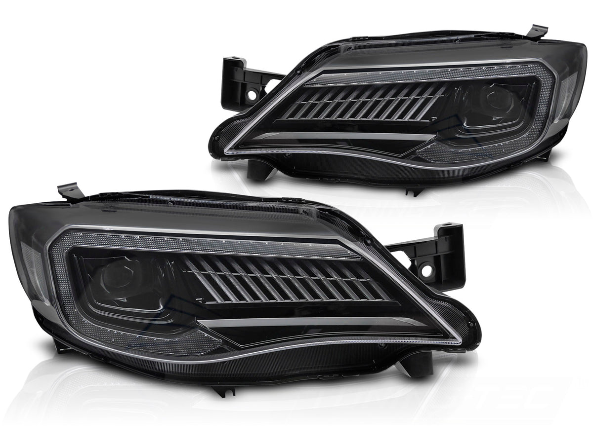 Frontlykter Subaru WRX 2008-2014 LED tube light svart hus sett forfra