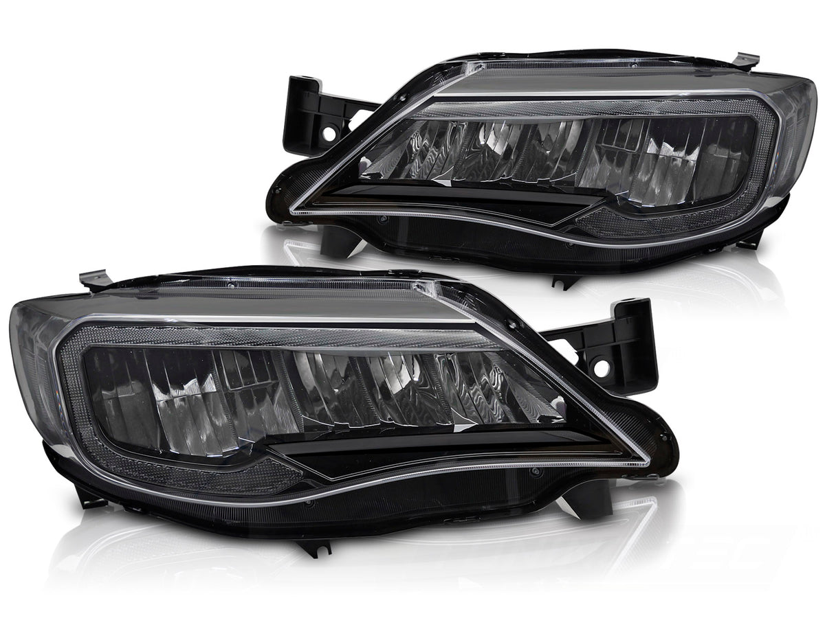 Frontlykter Subaru WRX 2008–2014 LED tube light svart hus sett forfra
