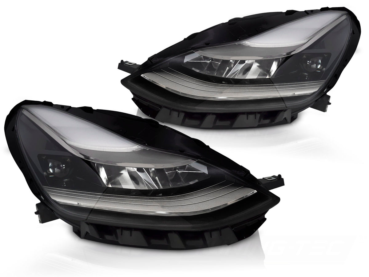LED-frontlykter til Tesla Model 3 2017–2023 sett forfra med tydelig LED-signatur