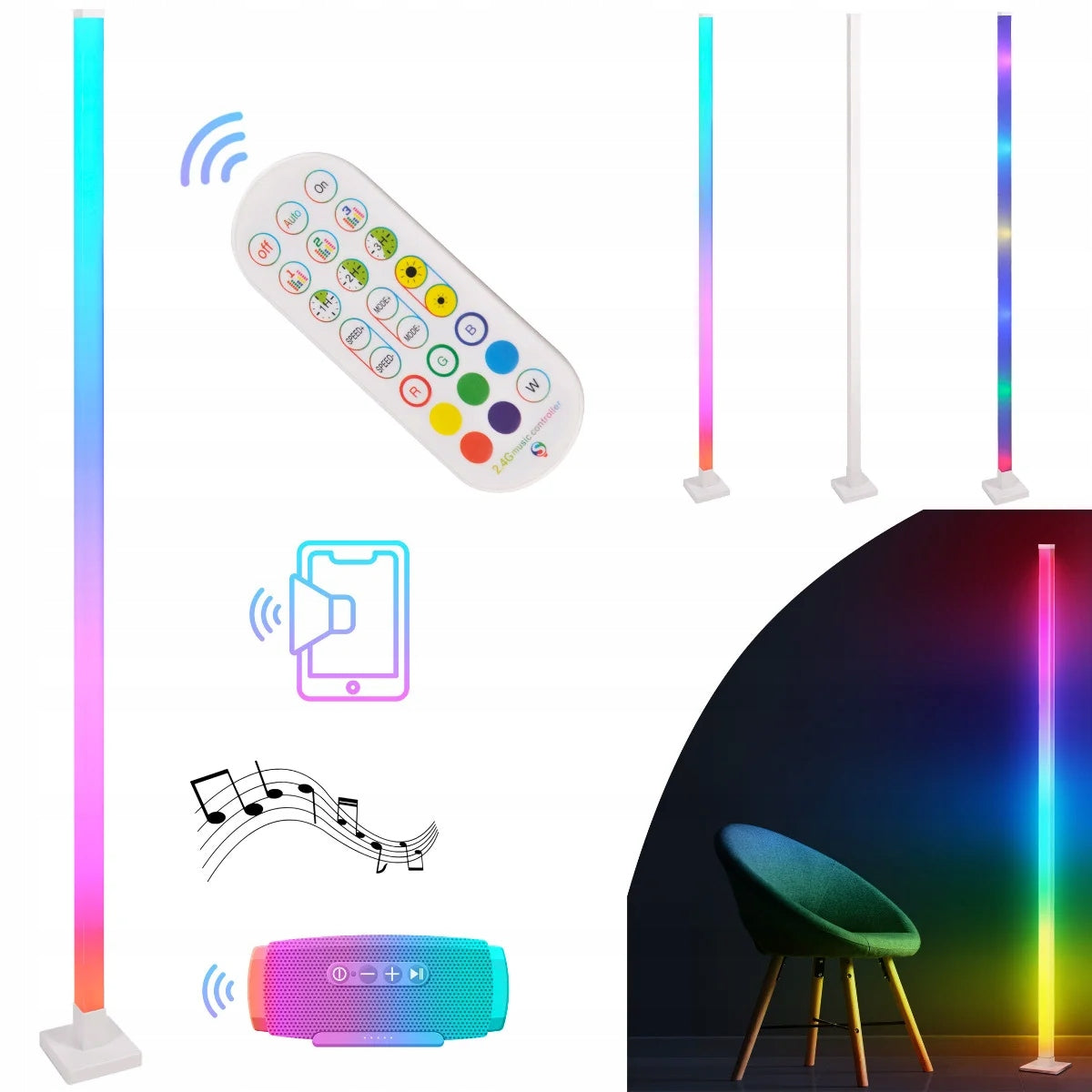 LED RGBW Gulvlampe med Fjernkontroll, Musikkfunksjon og Fargerike Lys, 150 cm - Polux