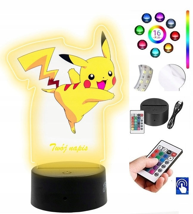 Pokémon Pikachu UV Skrivebordslampe LED-statue med din egen tekst og fjernkontroll Plexido