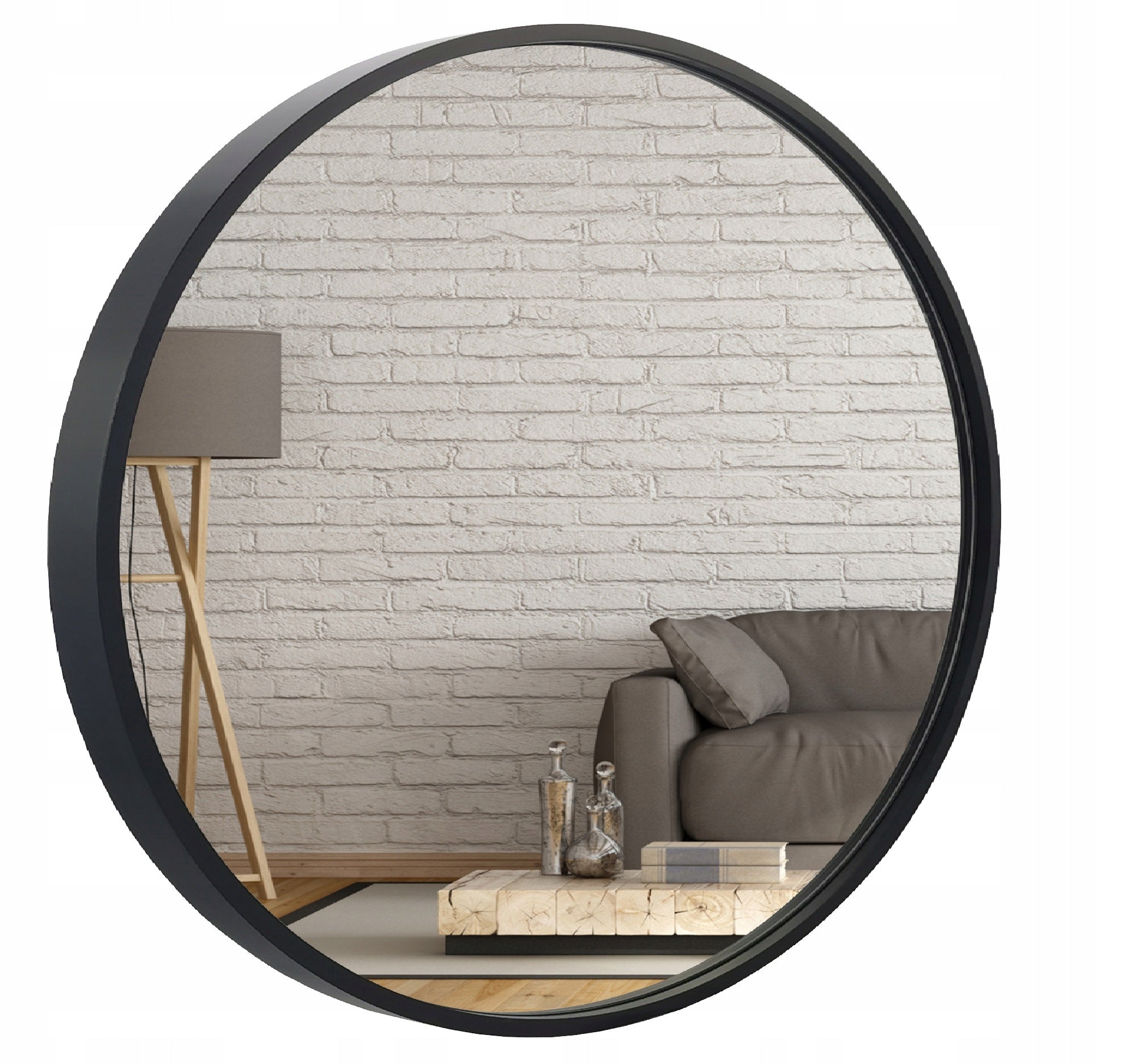 Rundt speil i svart tre, loftstil, diameter 60 cm