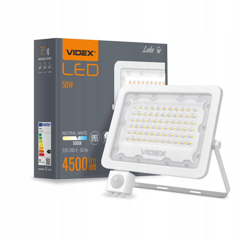 LED-flomlys med bevegelsessensor, hvit, 50W, 4500lm, 5000K