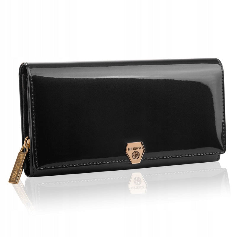 Lommebok i lakkert skinn for kvinner Betlewski Svart Stor med RFID-beskyttelse – Perfekt som gave