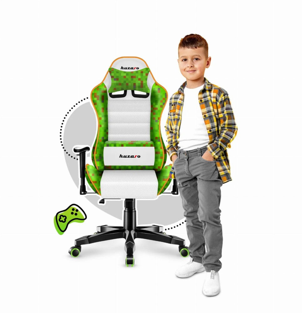 Huzaro Ranger 6.0 Pixel White gamingstol for barn – hvit med piksel-mønster, skrå fremvisning